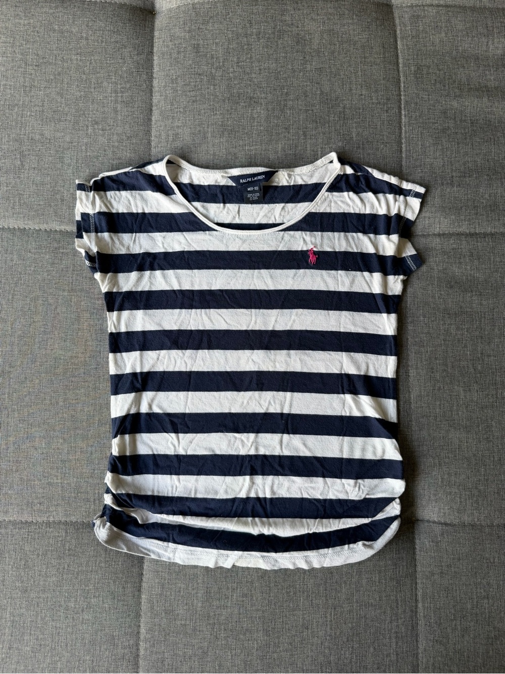 Ralph Lauren Navy & White Striped Tee with Pink Polo Pony